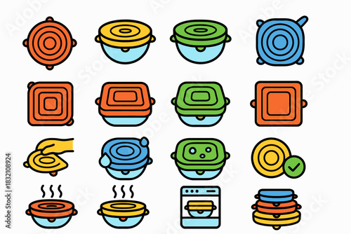 Colorful food storage icons with containers, plates, lids, and oven