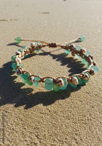 Turquoise Sea Glass Bracelet on Sandy Beach