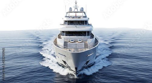 Front view of a large white luxury yacht sailing on blue ocean water with white wake isolated on a transparent background