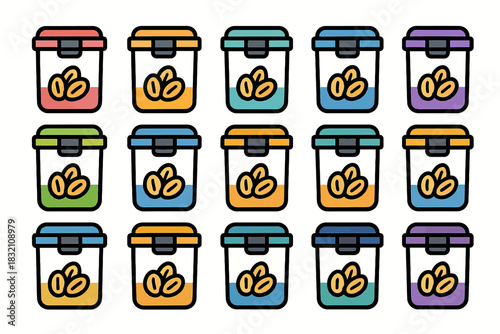 Colorful cereal containers pattern with lids and cereal pieces