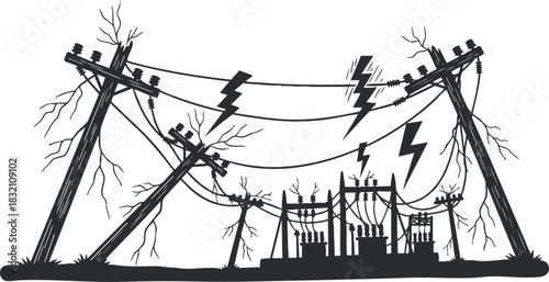A dramatic scene of fallen power lines and lightning strikes in black silhouette vector style, ideal for illustrating power outage concepts
