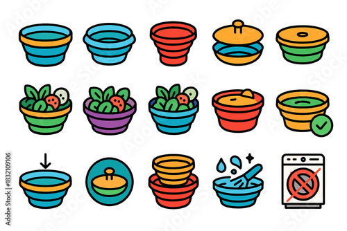 Colorful collapsible bowls set with icons for storage, fresh food, washing, and dishwasher safety