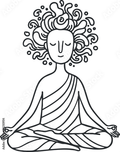 A meditating figure with curly hair in a minimalist outline vector style, suitable for wellness and mindfulness themes