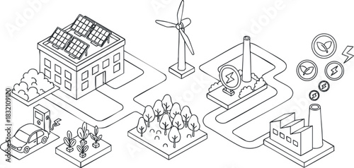 A set of renewable energy icons featuring solar panels, wind turbines, and eco-friendly buildings in outline vector style, suitable for environmental projects