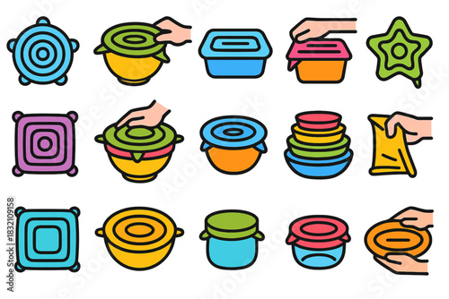 Colorful assorted food containers with lids and hand gestures