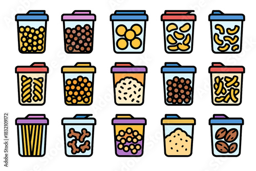 Colorful assortment of food containers with various ingredients