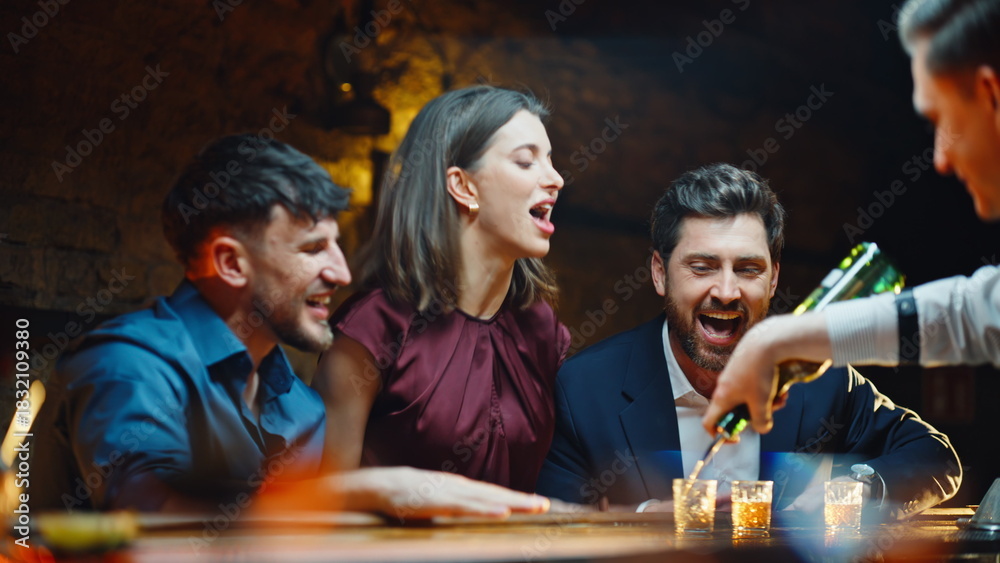 Obraz premium Party group jumping together in loft dark cafe closeup. People clinking shots