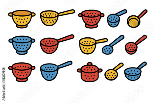 Colorful collection of kitchen utensils: colanders, pots, and ladles in red, blue, and yellow