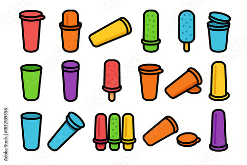 Colorful assorted ice pops and containers on white background