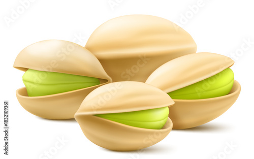 Set of realistic pistachios in 3d style. Pistachios in shell with shadow isolated on white background. Natural organic food. Design element for nuts packaging, advertising. Vector illustration.