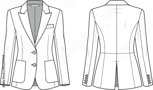 Women's suit jacket technical drawing, vector blazer fashion flat sketch, single breasted with patch pockets, front and back view template.