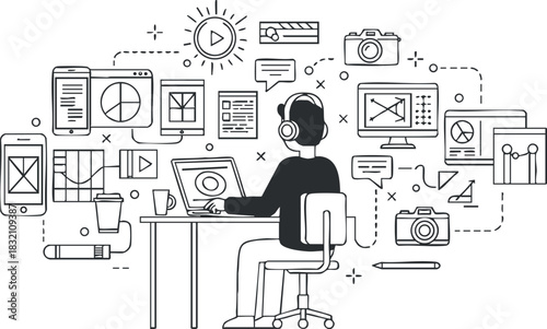A creative workspace with a person using a laptop surrounded by design and technology icons in black and white vector style, ideal for digital media projects