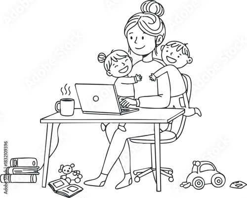A mother working on a laptop at home with two playful children around her in minimalist line art style, suitable for parenting and work-life balance themes
