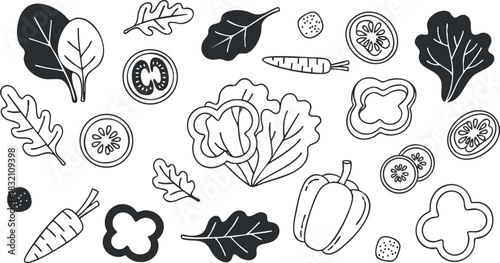 A collection of vegetables, including leafy greens, carrots, and tomatoes in black and white minimalist vector style, ideal for food-related designs