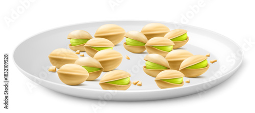 Pistachios on a white porcelain plate isolated on white background. Natural organic food. Realistic nuts. pistachio kernels are ripe and tasty, a source of protein. 3d vector illustration.