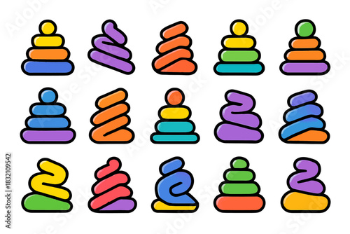 Colorful geometric tower collection: vibrant stacked shapes in gradient design