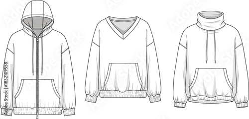 Set of oversized sweatshirt technical drawings, vector fashion flats including zip hoodie, v-neck, and funnel neck pullover sketches.