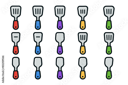 Colorful spatula patterns on white background in various designs