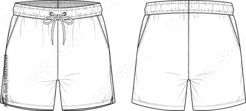 Men's swim shorts technical drawing, vector fashion flat sketch with elastic waistband and drawstring, front and back view template.