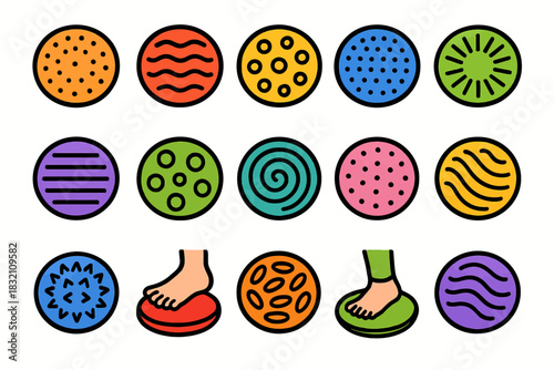Colorful circular textures with foot pressing therapy discs for sensory stimulation