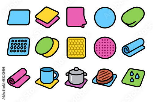 Colorful household item icons featuring sponges, towels, and kitchenware