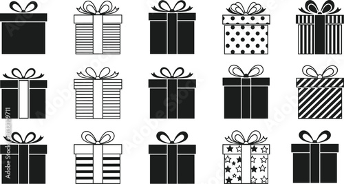 Set of gift box vector icons, black and white present silhouettes with bows for Christmas, birthday, and holiday celebration design.