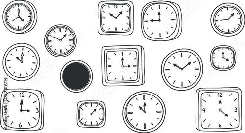 A collection of various clock illustrations in black and white minimalist vector style, perfect for time management and design projects