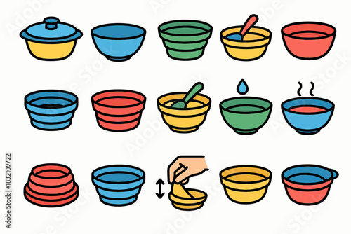 Colorful stackable bowls with lids and utensils in various styles