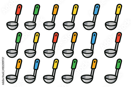 Colorful kitchen utensils pattern with red green blue yellow ladles