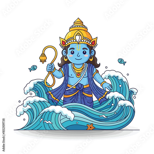 Adorable Lord Vishnu cartoon character emerging from the ocean waves with a golden crown and mace for children's books and educational resources