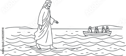 An illustration of Jesus walking on water towards a boat with disciples in black and white outline style, ideal for religious and biblical art