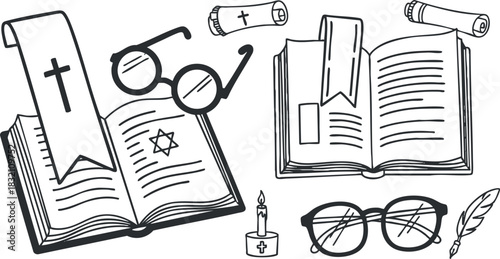 A collection of books and glasses with religious symbols in black and white outline vector style, ideal for educational and spiritual projects