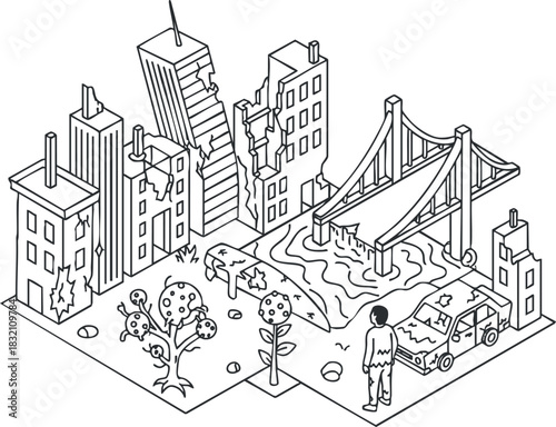 A detailed illustration of a futuristic city landscape with buildings, a bridge, and nature elements in minimalist outline vector style, perfect for urban design projects