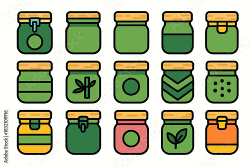 Green and vibrant assortment of jar icons with varied patterns