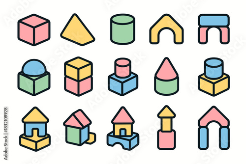 Colorful geometric toy blocks set for kids' creative play