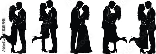 Set of romantic couple silhouettes featuring lovers kissing, hugging, and embracing in formal wear, isolated on white background.