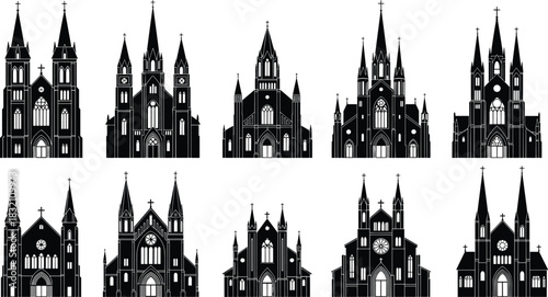 Set of ten black vector church silhouettes featuring gothic cathedrals, chapels, and religious building icons isolated on white background.