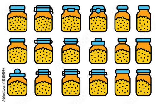 Seamless pattern of various honey jars with blue lids