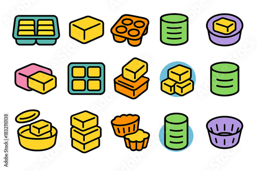 Colorful set of various cube containers and blocks in simple icon style