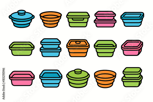 Colorful stackable food containers with lids in various shapes and sizes