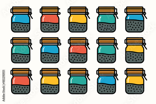 Colorful jars pattern with multicolored liquids and dots on white background
