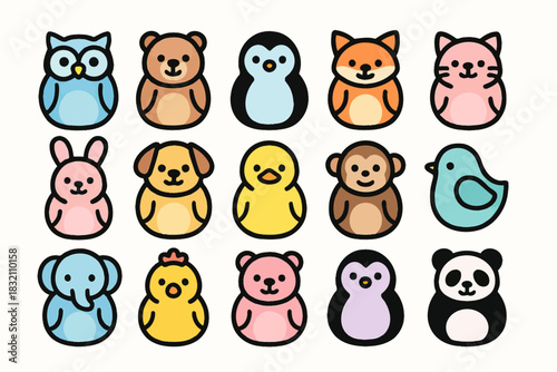 Cute and colorful cartoon animal characters in a grid layout