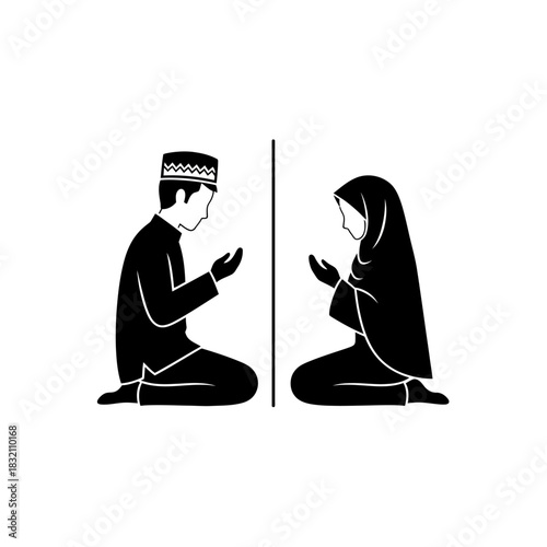 Minimalist black silhouette icon of a Muslim man and Muslim woman praying