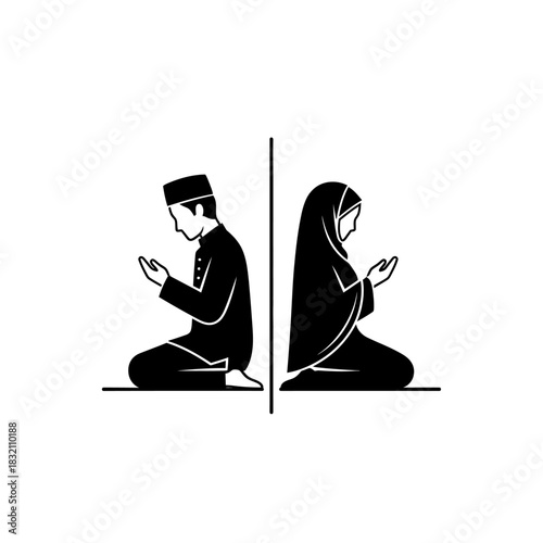 Minimalist black silhouette icon of a Muslim man and Muslim woman praying