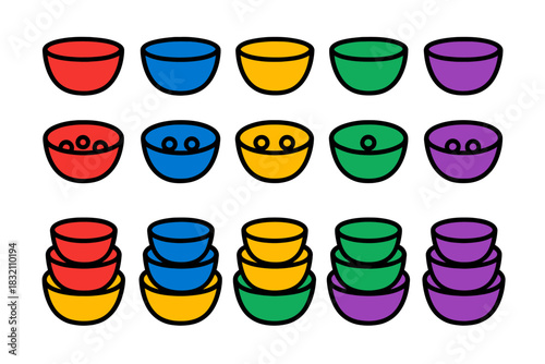 Colorful stacking bowls in red, blue, yellow, green, and purple arranged in rows