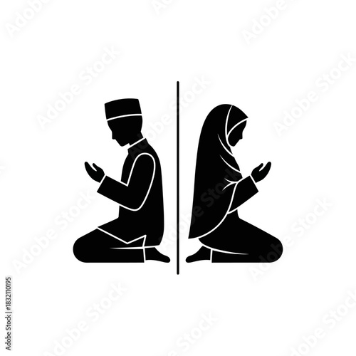 Minimalist black silhouette icon of a Muslim man and Muslim woman praying