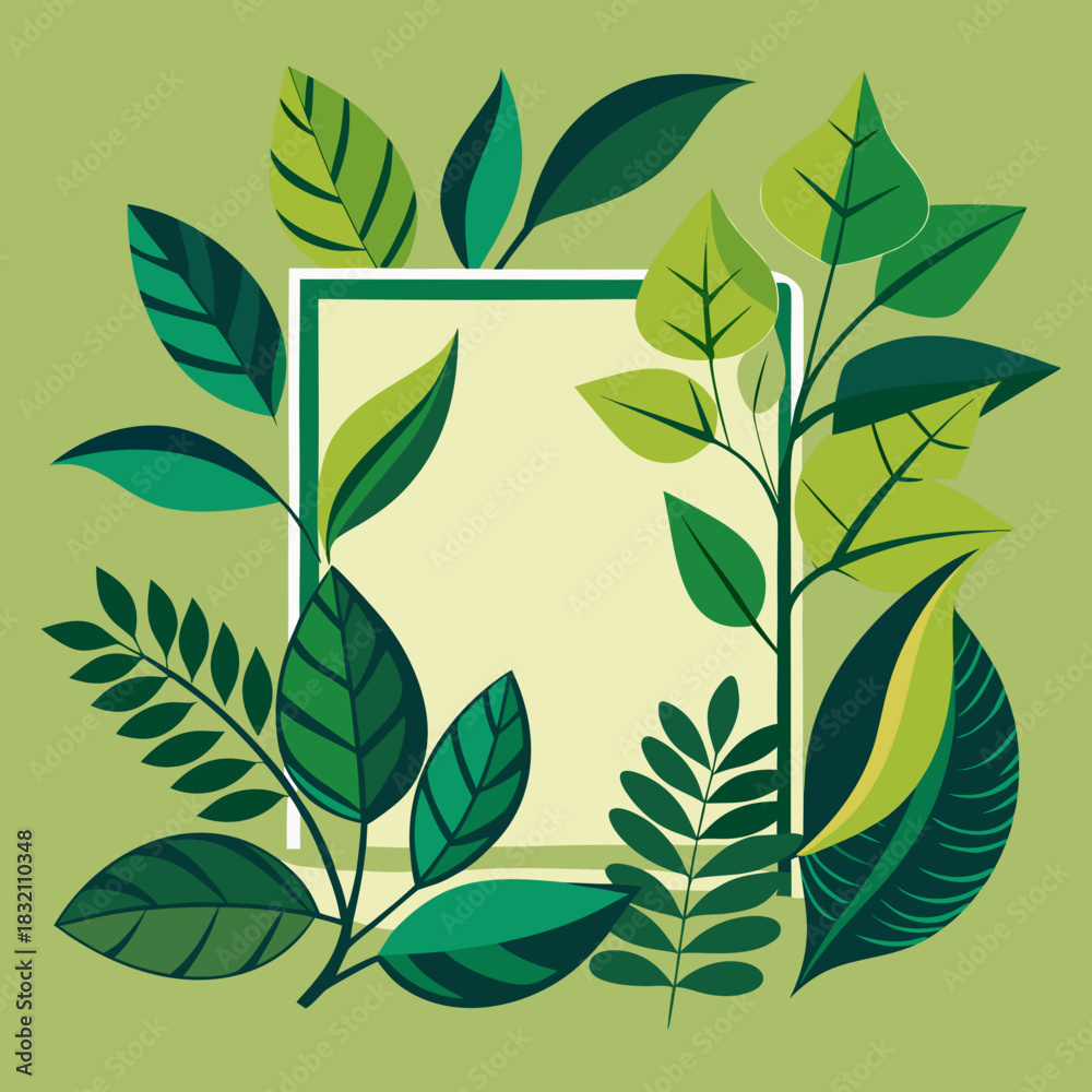 Fototapeta premium Green leaves frame a light yellow square background