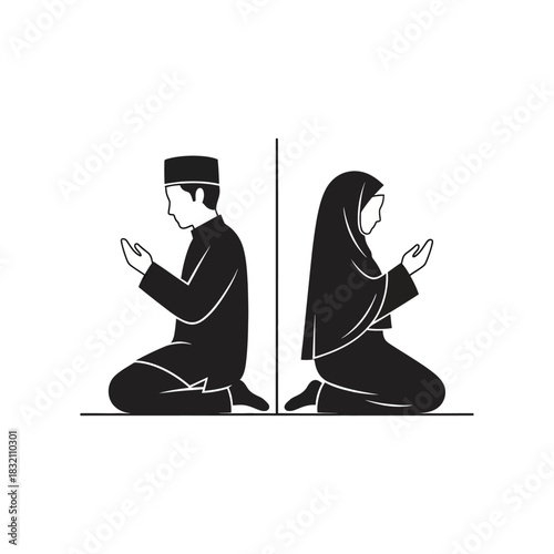 Minimalist black silhouette icon of a Muslim man and Muslim woman praying