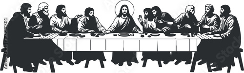 A depiction of the Last Supper with Jesus and his disciples in black and white minimalist vector style, suitable for religious themes and artwork