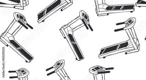 A collection of treadmills in black and white minimalist vector style, suitable for fitness and gym-related designs